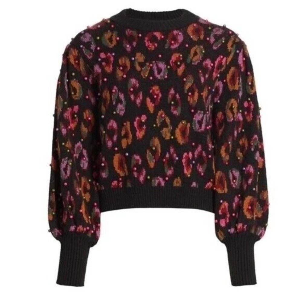 Farm Rio Beaded Leopard Pattern Puff Sleeve Knit Sweater Boho NWT Small